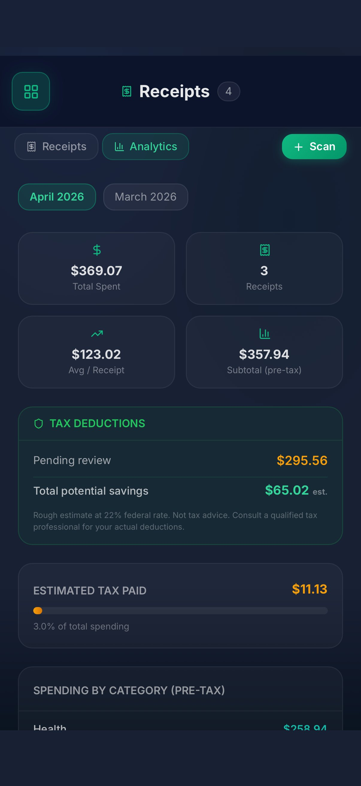 HomeMap Receipts analytics view with tax deductions and spending breakdown