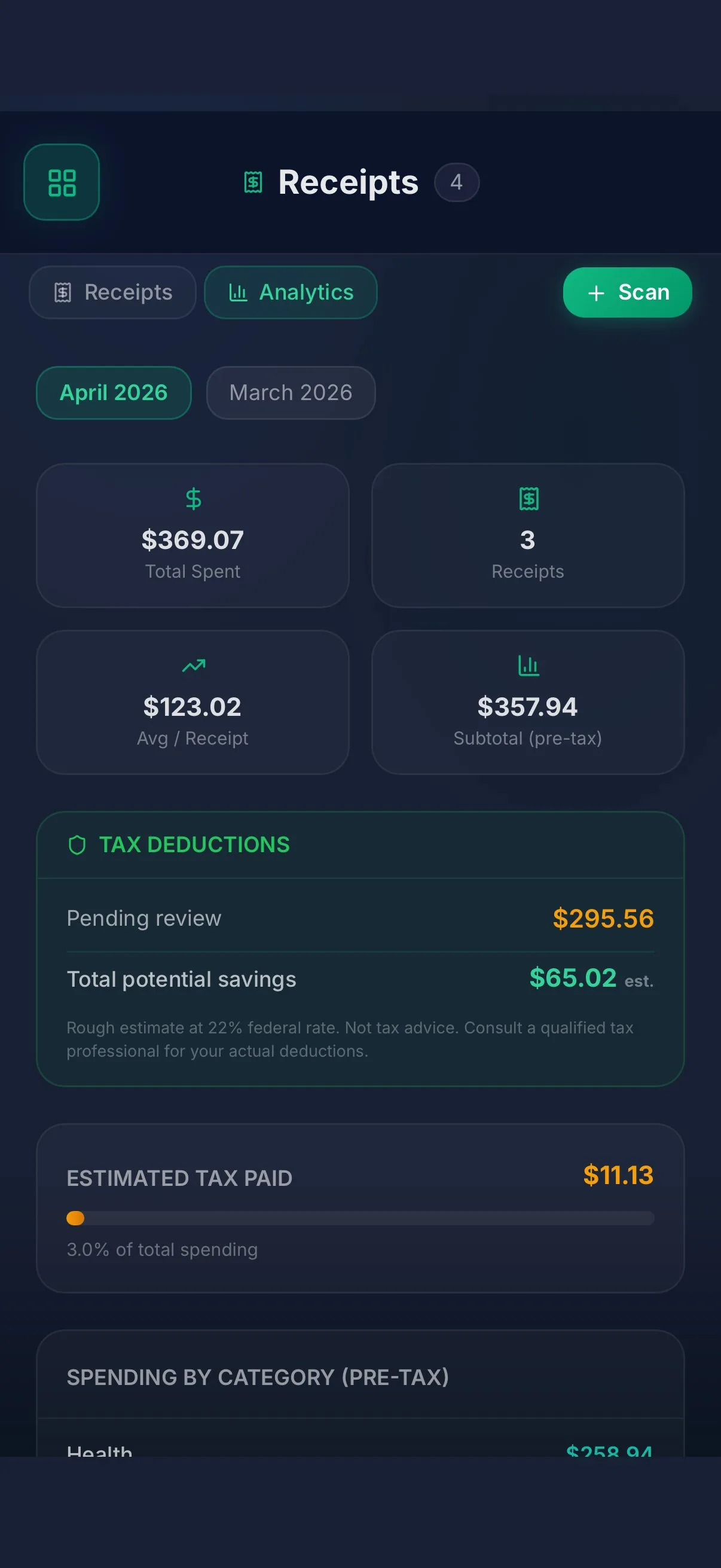 HomeMap Receipts analytics view with tax deductions and spending breakdown