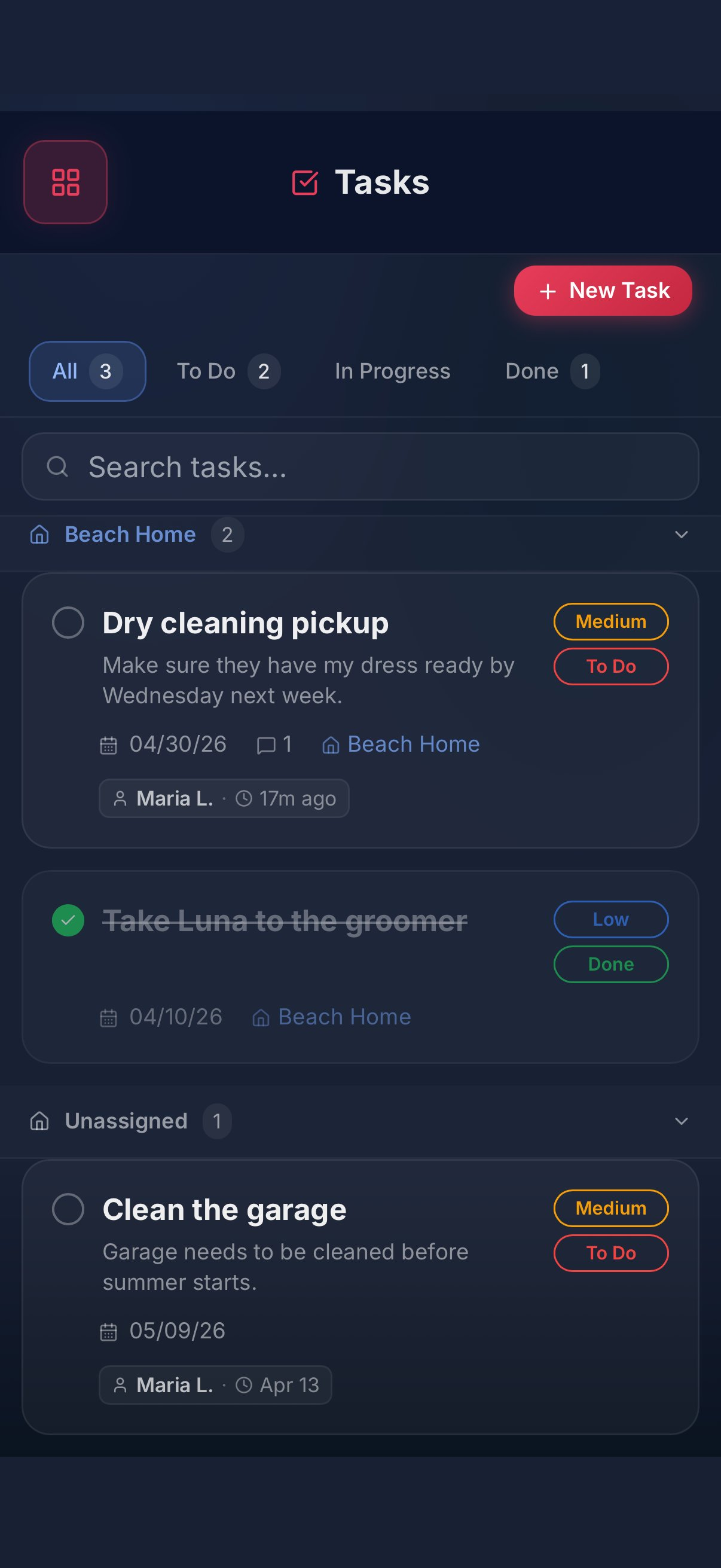 HomeMap Tasks view with dry cleaning, dog grooming and garage cleaning